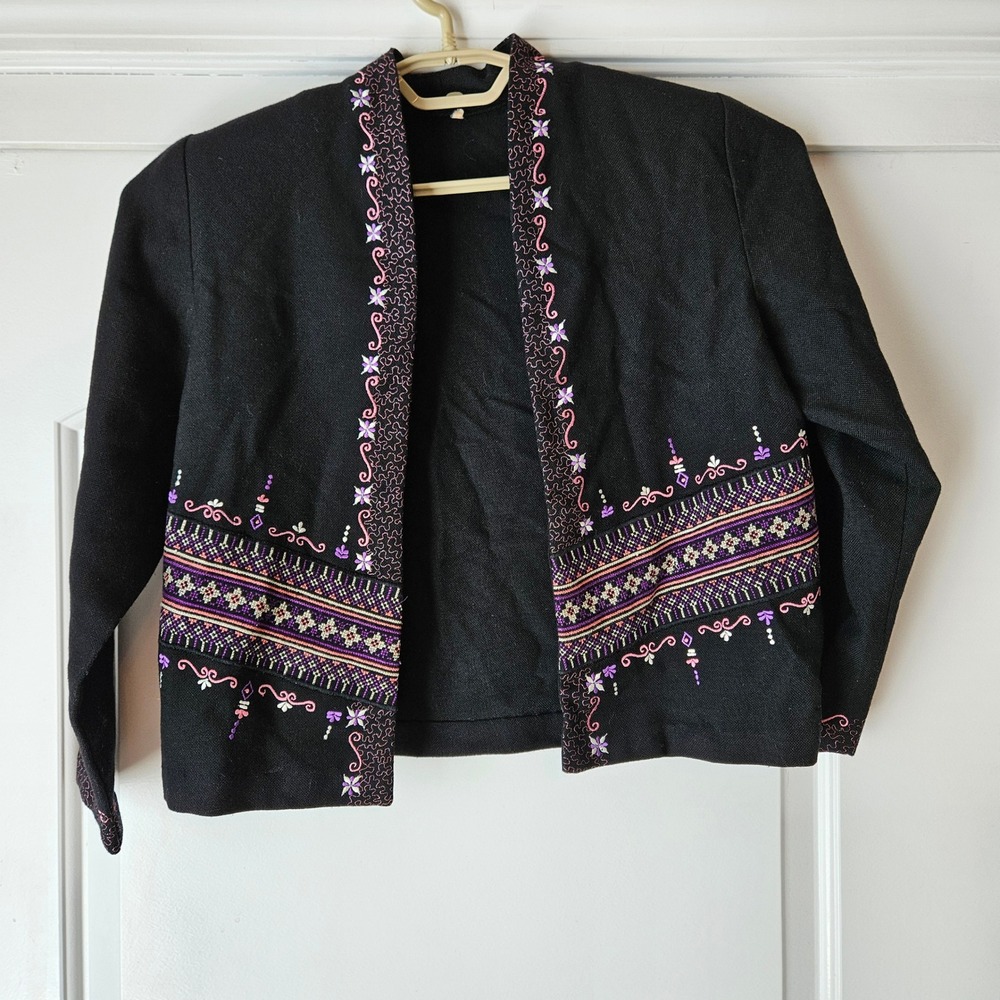 Black Embroidered Open Front Jacket Medium‎ Purple Pink Boho Ethnic Traditional